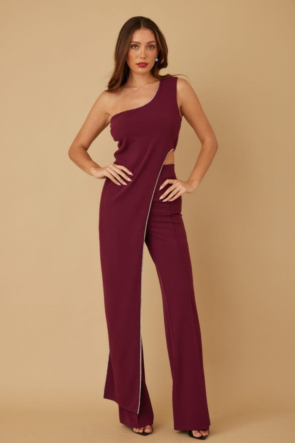 one shoulder strap draped layer w rhinestone sets