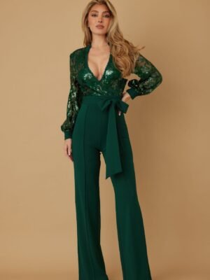 Flower Vein Sequin Print Jumpsuit
