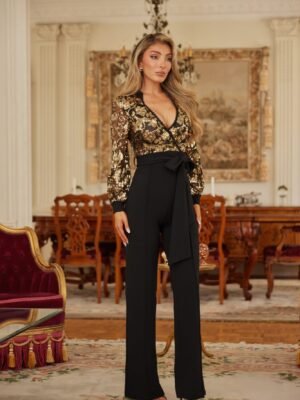 Flower Vein Sequin Print Jumpsuit