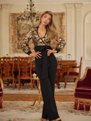 Flower Vein Sequin Print Jumpsuit