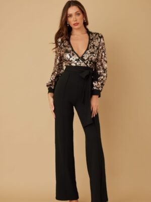 Flower Vein Sequin Print Jumpsuit