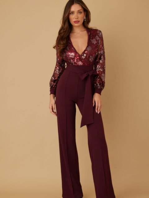 Flower Vein Sequin Print Jumpsuit