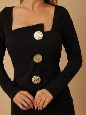 Multi Button Long Sleeve Mini Dress – Square Neck