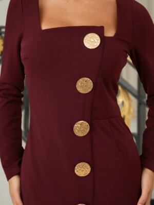 Multi Button Long Sleeve Mini Dress – Square Neck