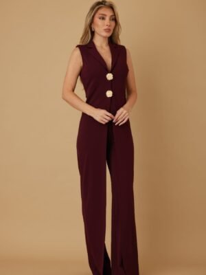 Button Flap Jumpsuit – Open Flap Metal Shank Design Evening Jumpsuits for Women – Open Flap Metal Button Design
