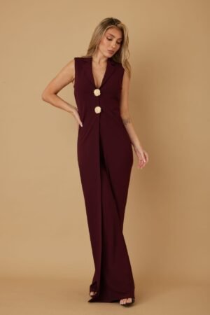 Button Flap Jumpsuit – Open Flap Metal Shank Design Evening Jumpsuits for Women – Open Flap Metal Button Design