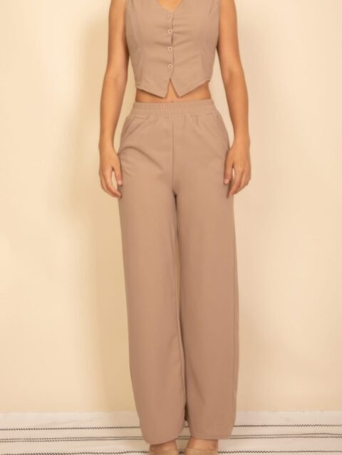 Tailored Button Vest With Adjustable Back Tie & Wide Leg Pants Set