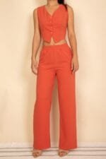 Tailored Button Vest With Adjustable Back Tie & Wide Leg Pants Set