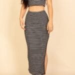 Striped High Neck Crop Top & Side Slit Midi Skirt Set