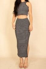 Striped High Neck Crop Top & Side Slit Midi Skirt Set