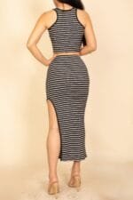 Striped High Neck Crop Top & Side Slit Midi Skirt Set