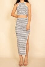 Striped High Neck Crop Top & Side Slit Midi Skirt Set