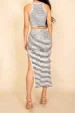 Striped High Neck Crop Top & Side Slit Midi Skirt Set
