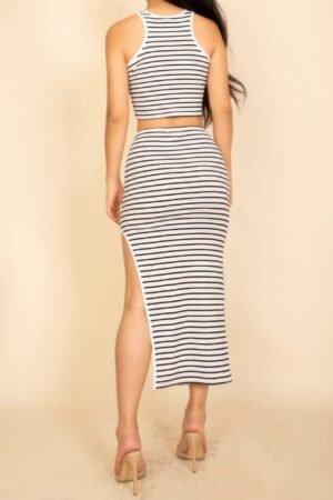 Striped High Neck Crop Top & Side Slit Midi Skirt Set Striped High Neck Crop Top & Side Slit Midi Skirt Set