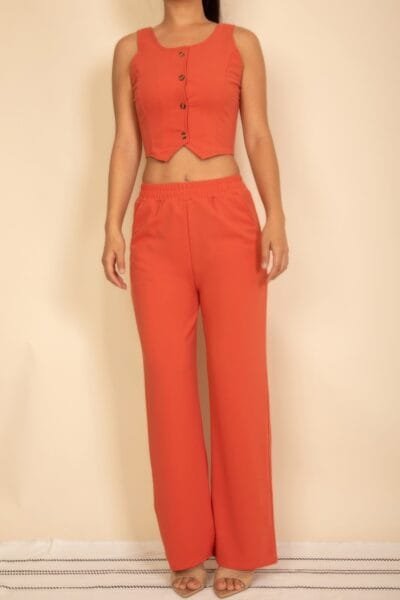 Scoop Neck Button Vest & Wide Leg Pants Set