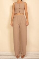 Scoop Neck Button Vest & Wide Leg Pants Set