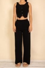 Scoop Neck Button Vest & Wide Leg Pants Set