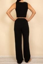 Scoop Neck Button Vest & Wide Leg Pants Set