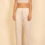 Elastic Hem Crop Top & Wide Leg Pants Set With Faux Drawstring