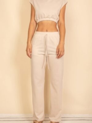 Elastic Hem Crop Top & Wide Leg Pants Set With Faux Drawstring