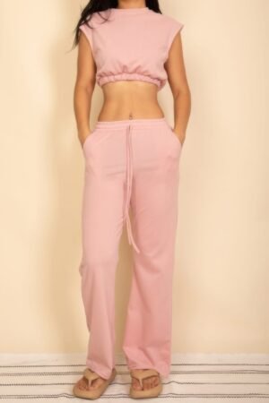 Elastic Hem Crop Top & Wide Leg Pants Set With Faux Drawstring Elastic Hem Crop Top & Wide Leg Pants Set With Faux Drawstring