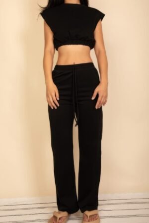 Elastic Hem Crop Top & Wide Leg Pants Set With Faux Drawstring Elastic Hem Crop Top & Wide Leg Pants Set With Faux Drawstring