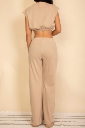 Elastic Hem Crop Top & Wide Leg Pants Set With Faux Drawstring Elastic Hem Crop Top & Wide Leg Pants Set With Faux Drawstring
