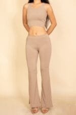Ribbed Sleeveless Crop Top & Flared Pants Set