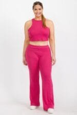 Plus Ribbed Cropped Top And Bootcut Pants Sets – Chic Outfit