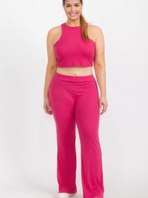 Plus Ribbed Cropped Top And Bootcut Pants Sets – Chic Outfit