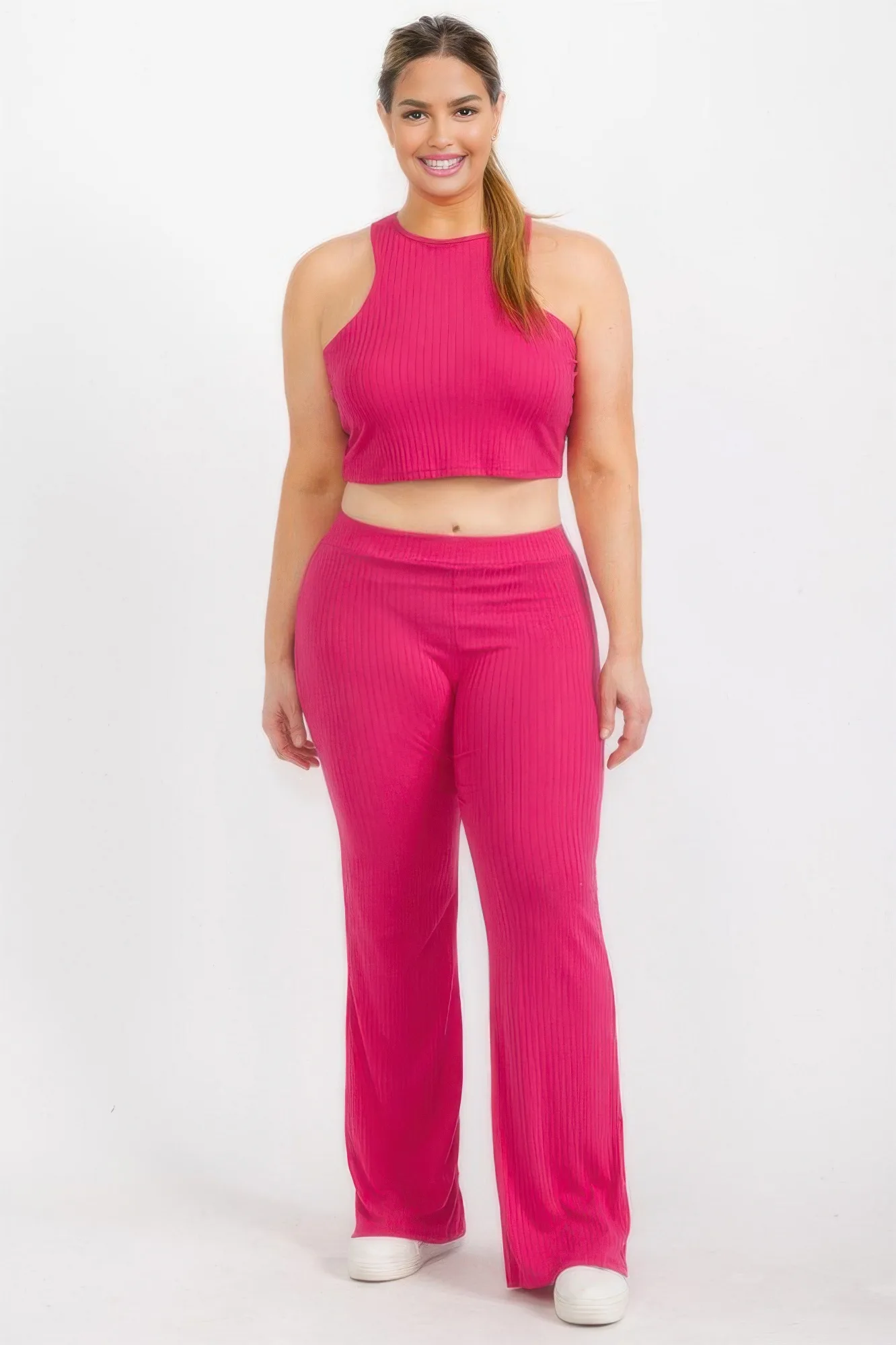 Plus Ribbed Cropped Top And Bootcut Pants Sets – Chic Outfit