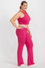 Plus Ribbed Cropped Top And Bootcut Pants Sets