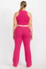 Plus Ribbed Cropped Top And Bootcut Pants Sets