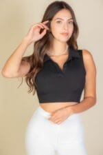 Solid Ribbed Polo Crop Top – Sleeveless Polo Neck Tank for Effortless Style