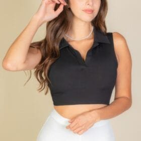 Solid Ribbed Polo Crop Top – Sleeveless Polo Neck Tank for Effortless Style