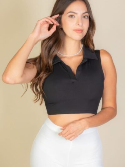 Solid Ribbed Polo Crop Top – Sleeveless Polo Neck Tank for Effortless Style