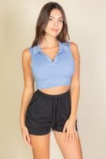 Solid Ribbed Polo Crop Top