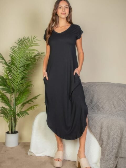 Hidden Pocket Batwing Sleeve V Neck Long Dress