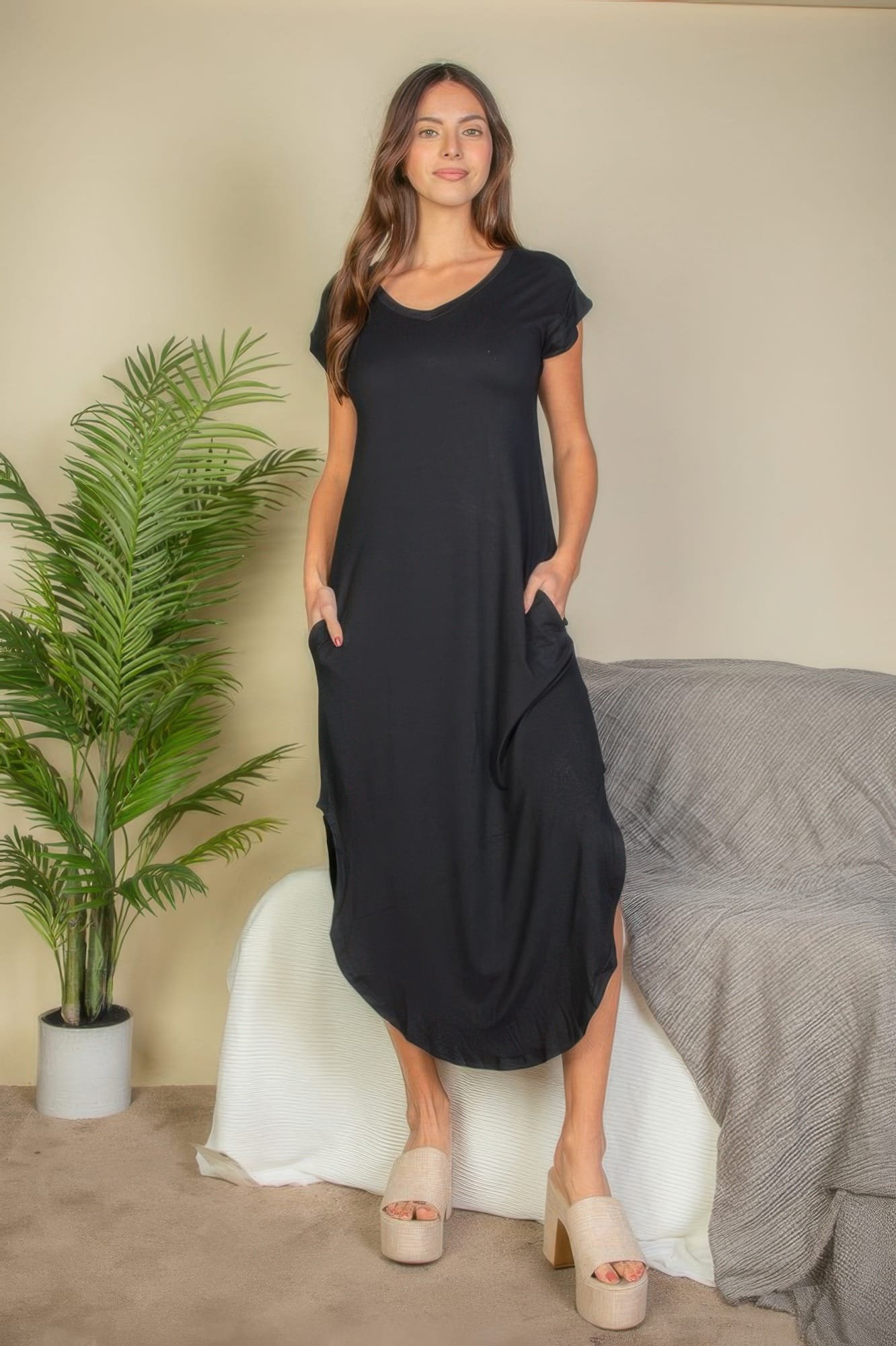 WH200249570.jpg Hidden Pocket Batwing Sleeve V Neck Long Dress
