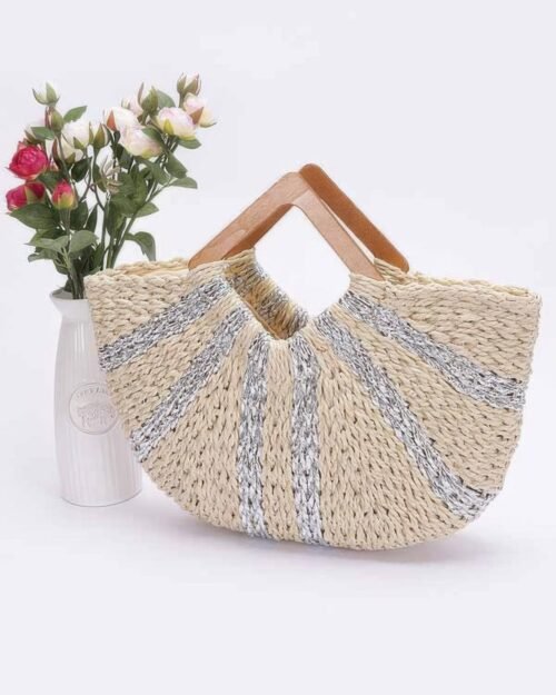 Fauxstraw Handmade Metallic Stripe Woodenhandlebag