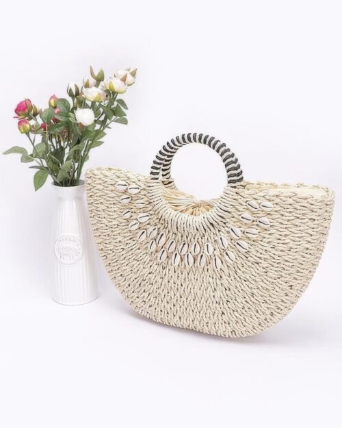 Faux Straw Handmade Shell Embellished Bag