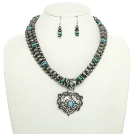 Western Turquoise Heart Pendant Necklace Set