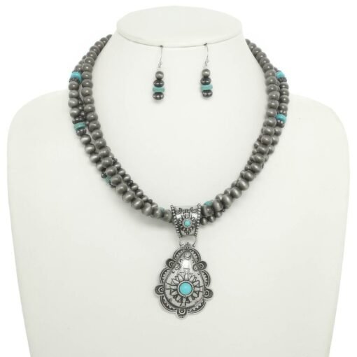 Western Floral Turquoise Pendant Necklace Set