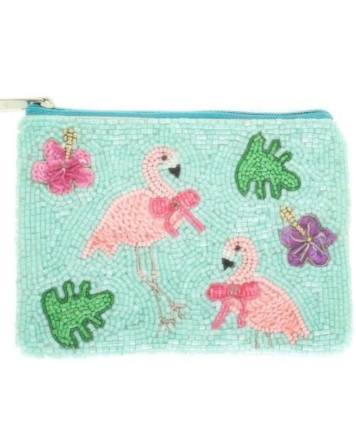 Pink Flamingo Theme Bead Embroidered Coin Bag