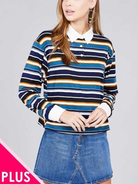 Ladies fashion plus size long sleeve multi striped dty brushed shirts