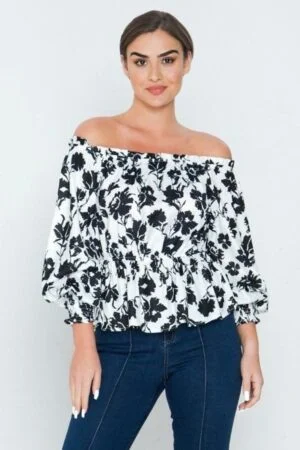 Long Sleeves Off-Shoulder Printed Shirt – Chic Black Top