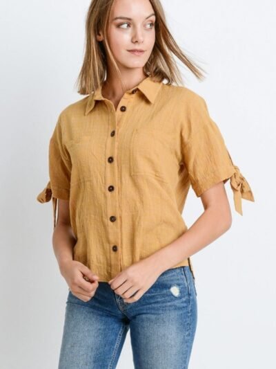 Short Sleeve Button Up Top With Tie Sleeve