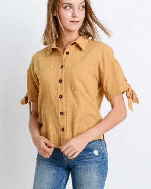 Short Sleeve Button Up Top With Tie Sleeve
