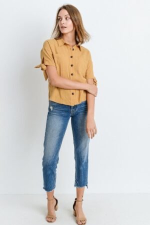 Short Sleeve Button Up Top With Tie Sleeve Short Sleeve Button Up Top With Tie Sleeve