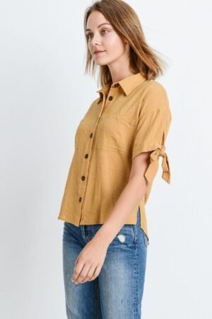 Short Sleeve Button Up Top With Tie Sleeve Short Sleeve Button Up Top With Tie Sleeve